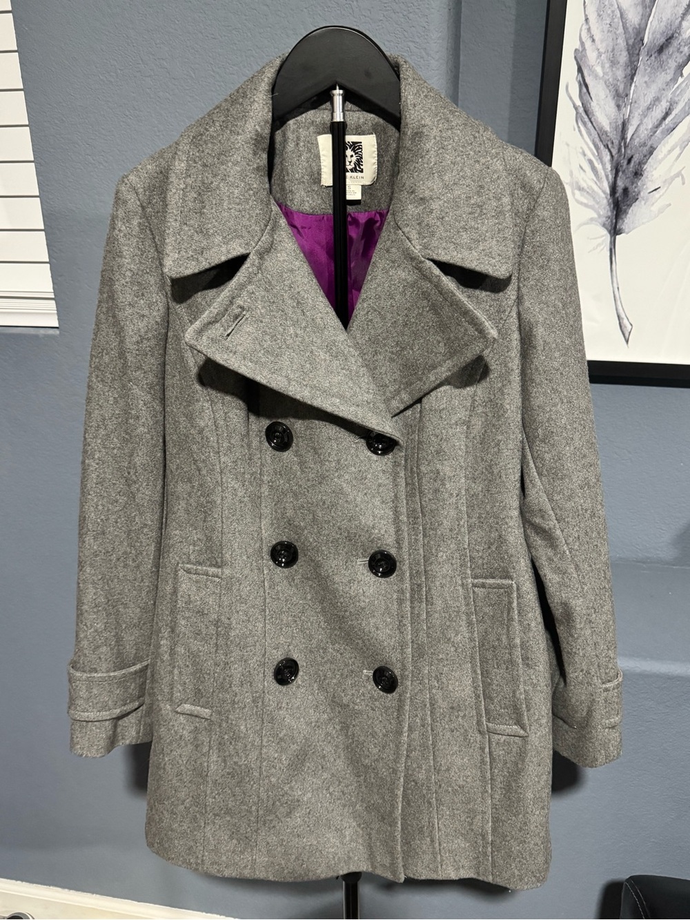 Anne Klein Gray Double-Breasted Pea Coat with Purple Lining 60% wool